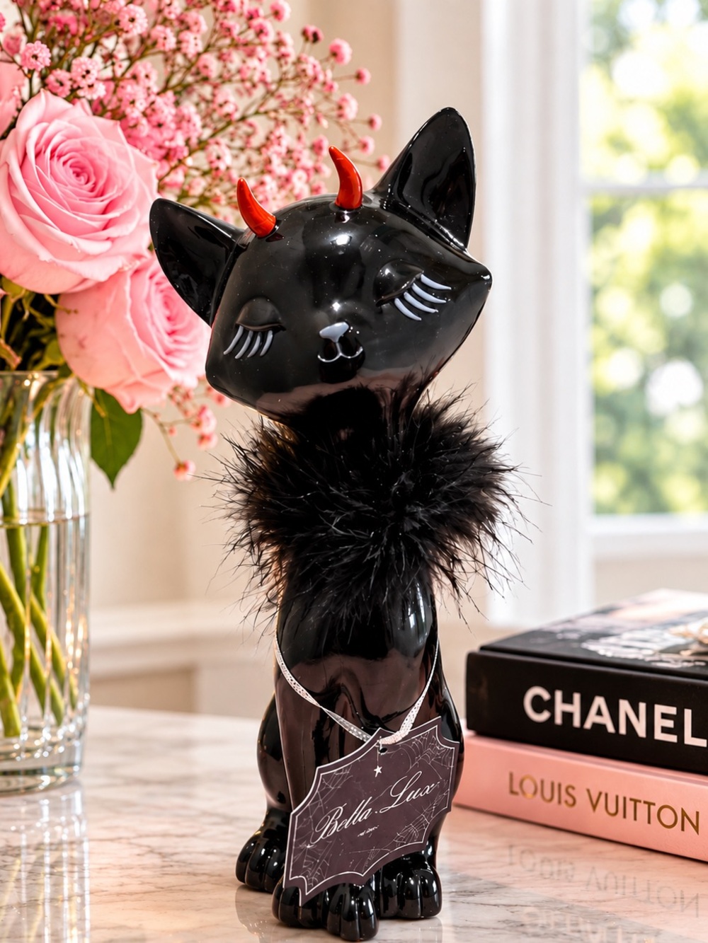 Bella Lux Black Cat Figurine with Red Horns and Feather Collar Halloween Decor